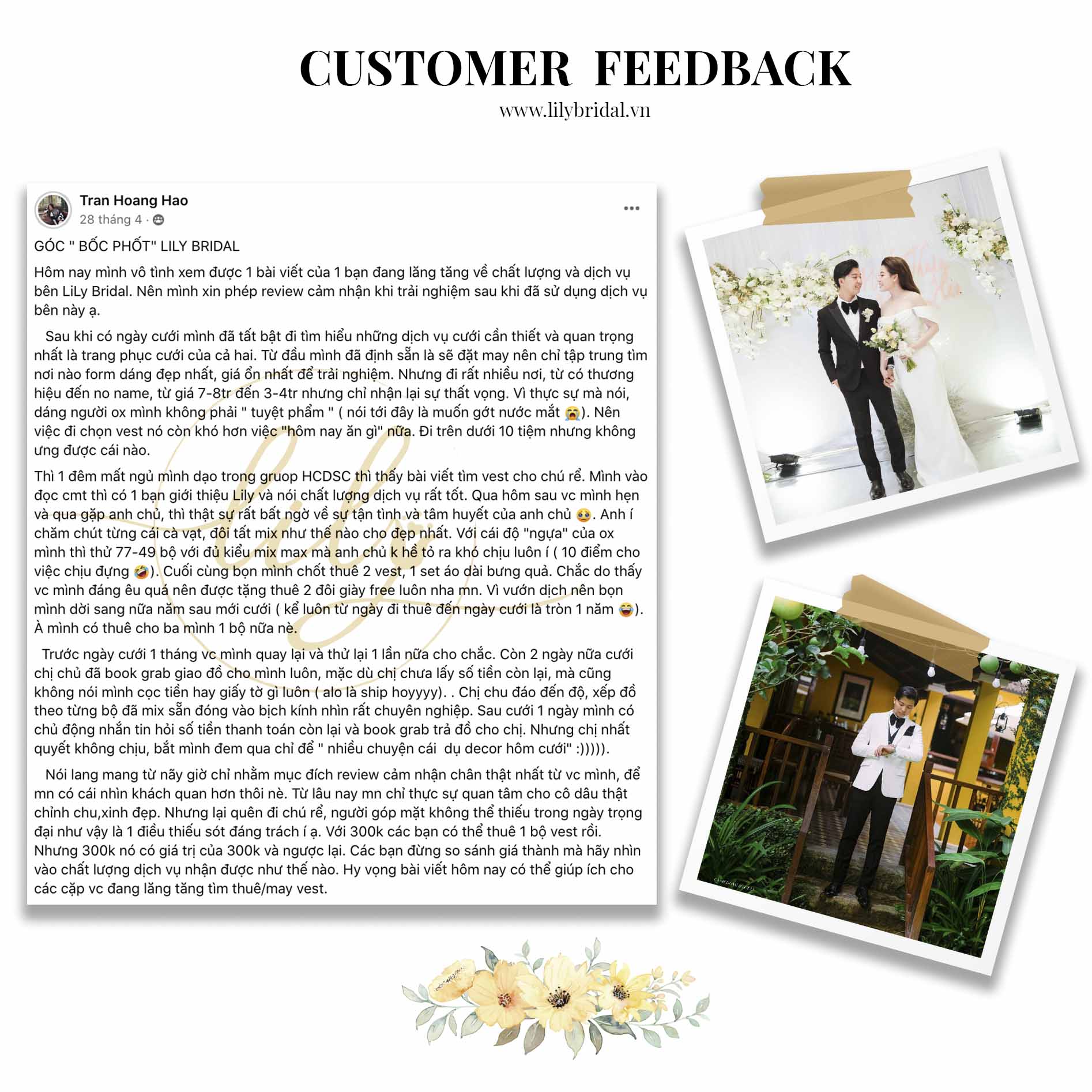 nội dung feedback khách hàng thuê vest cưới tại Lily