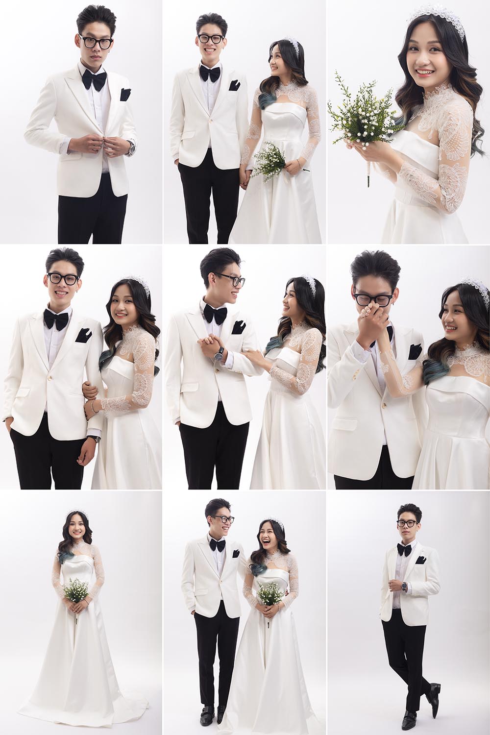 tổng hợp các tư thế chụp ảnh cưới của cô dâu chú rể phông trắng hàn quốc