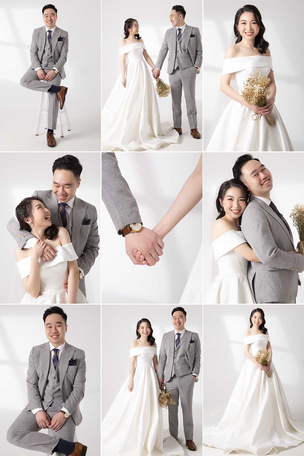 tổng hợp các tư thế chụp ảnh cưới của cô dâu chú rể phông trắng giả nắng